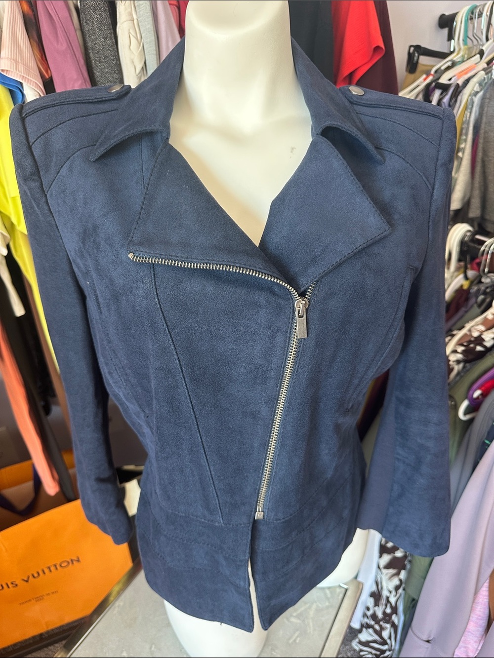 BCBGMaxAzria Navy Faux Suede Asymmetrical Zip Moto Jacket